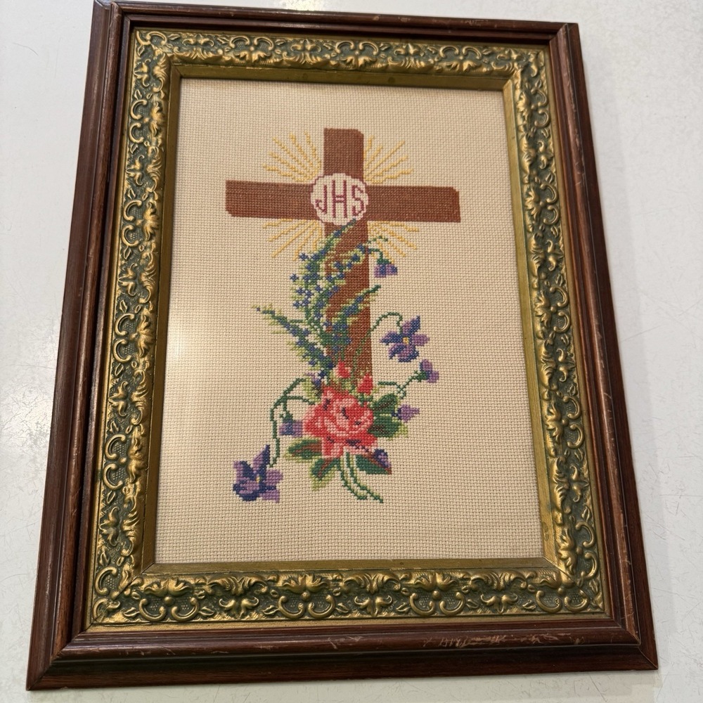 Vintage‎ Embroidered Cross with flowers Ornate Framed 17 X 13  Wall Art